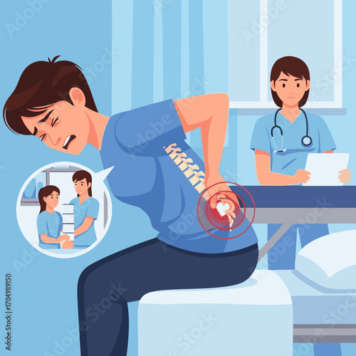 Patient experiencing back pain consults with a doctor, seeking medical advice and treatment