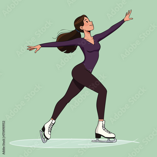 Female figure skater performing graceful pose on ice rink in purple outfit vector illustration 