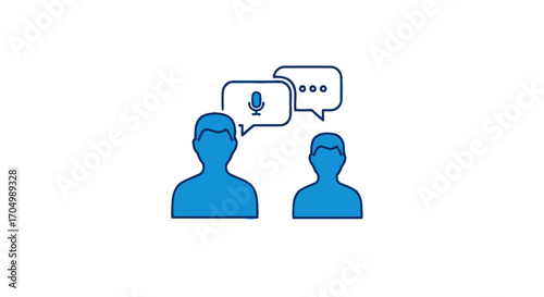 Two people communicating with speech bubbles and a microphone icon.