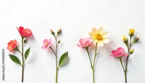 Delicate, minimalist floral sprigs on white background, spring, illustration, repeating pattern