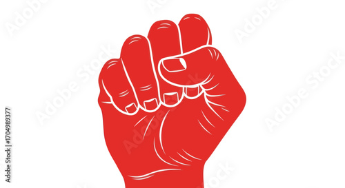 A strong red clenched fist raised in defiance and power.