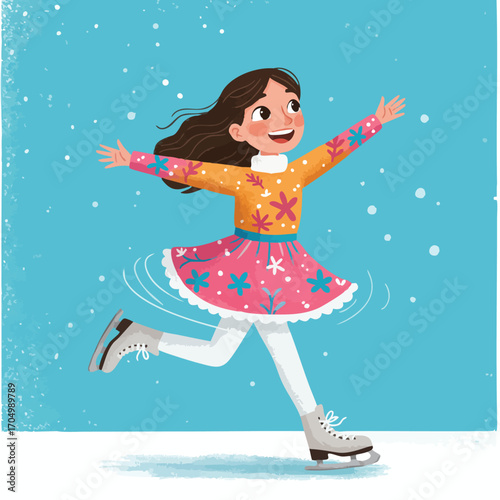Girl ice skating in colorful winter clothes joyful movement on frozen ice rink vector illustration 