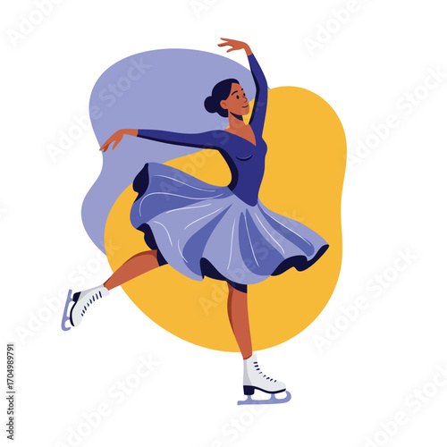 Female figure skater performing elegant jump with flowing blue dress on ice rink in modern vector illustration 