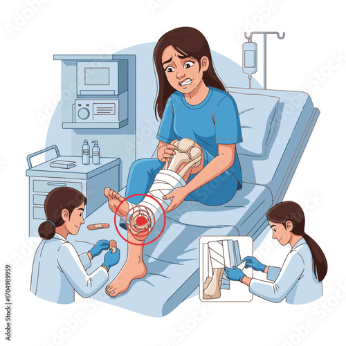 Woman in hospital bed experiences severe ankle pain as nurse applies bandage and doctor examines injury