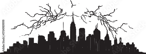 Dramatic City Skyline Silhouette with Lightning Strikes | Urban Storm Art & Night Cityscape Design