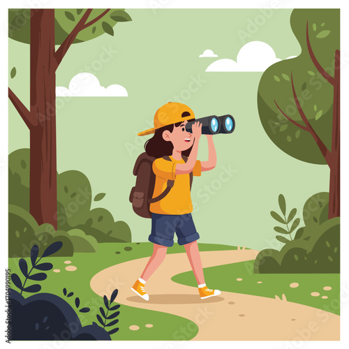 Child exploring forest with binoculars on hiking trail enjoying outdoor nature adventure in summer 