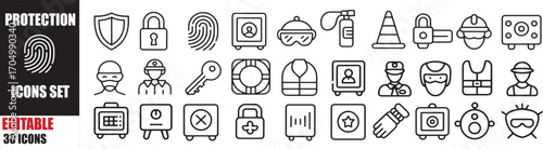 Protection and Security Icons Set: Editable 30 Safety, Security, and Protection Vector Icons for UI and Web