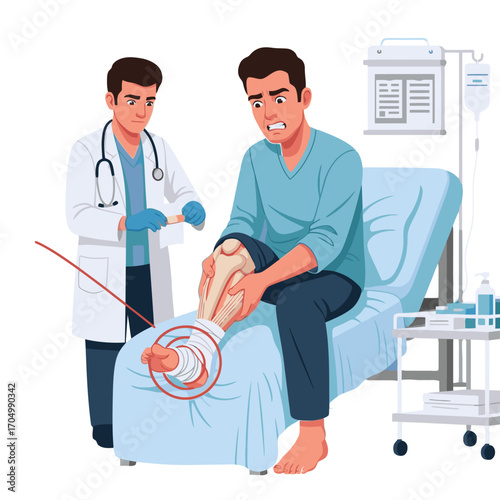 Concerned doctor bandaging patient's painful foot injury in hospital with IV drip for medical treatments