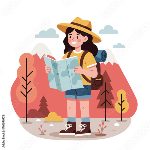 Girl hiker with map exploring autumn mountain landscape in nature adventure vector illustration 