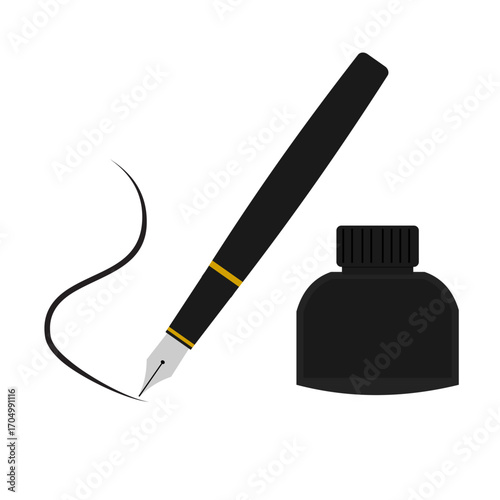  A fountain pen drawing a curved line with an ink bottle nearby, flat art design style.
