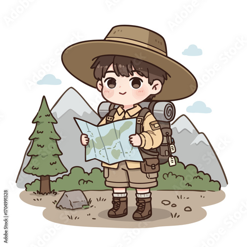 Young boy explorer with map outdoor hiking adventure in mountains and forest nature scene vector illustration 