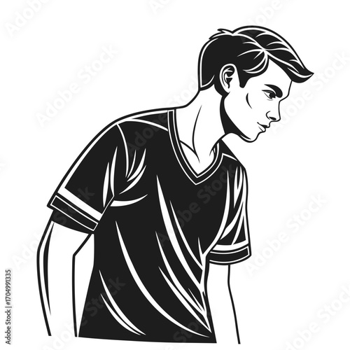 Stylized black and white illustration of a young man in a t shirt