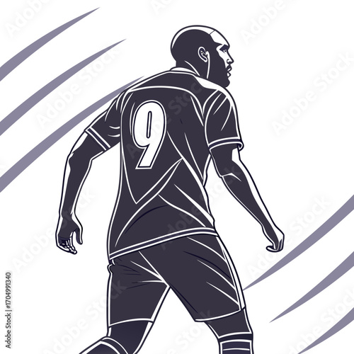 Soccer player number nine silhouette with dynamic lines