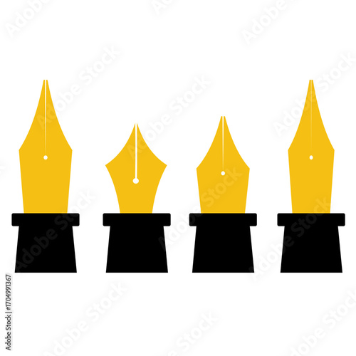 Multiple fountain pens with gold nibs in various sizes, flat art design style.
