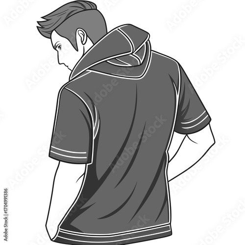 Man wearing a short sleeve hoodie looking down