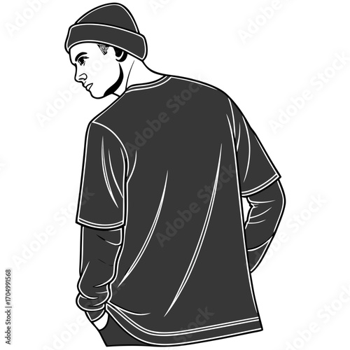 Stylized illustration of a young man wearing a beanie and layered t shirt