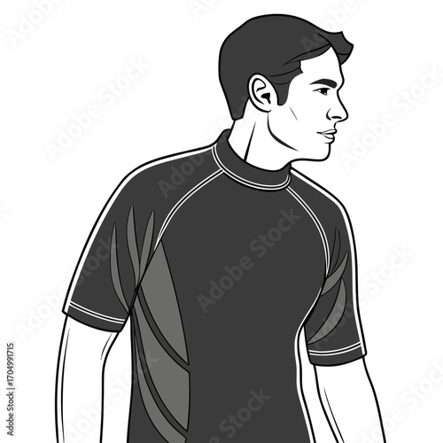 Man wearing a dark athletic shirt with white trim