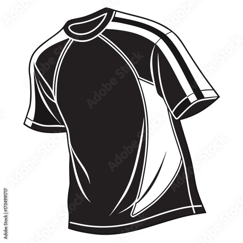 Black and white graphic of a short sleeved t shirt