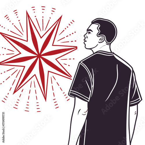 Man gazes at a red starburst explosion