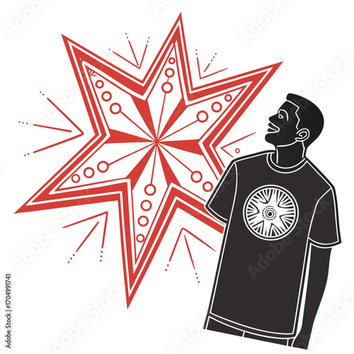 Man gazing up at a red starburst design