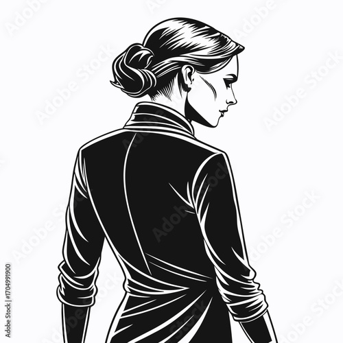 Elegant woman in black attire with hair in a bun