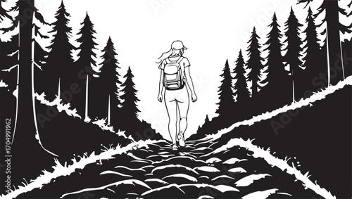 “Hiker on Rocky Forest Trail Illustration | Black and White Outdoor Adventure Line Art Design”