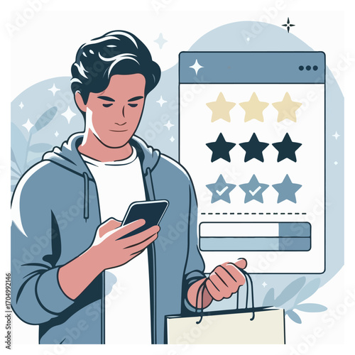 Male user reviewing app interface – star rating, flat vector