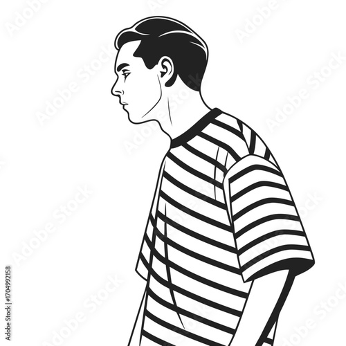 Stylized illustration of a young man in a striped shirt