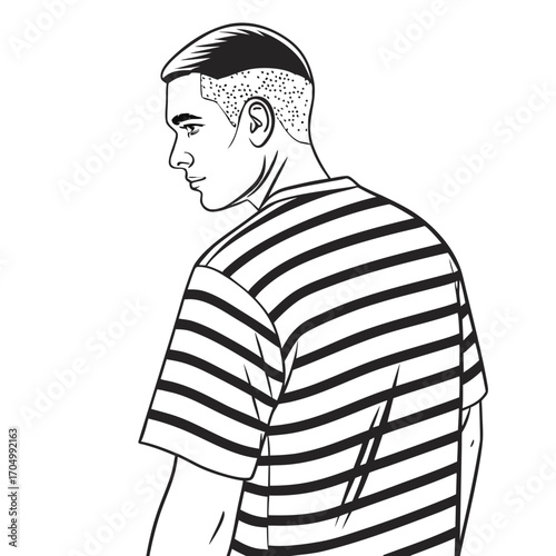 Man with buzz cut and striped shirt looking away