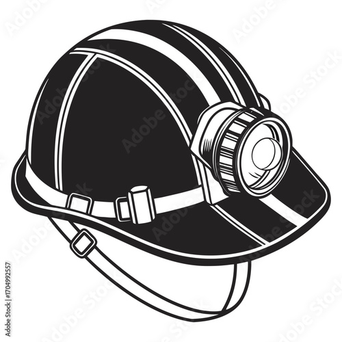 Black and white illustration of a miner s helmet with a headlamp