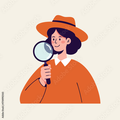 Woman in orange hat and sweater holding magnifying glass illustration with beige background vector art 