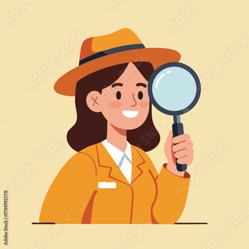 Female detective in orange coat and hat holding magnifying glass vector illustration smiling