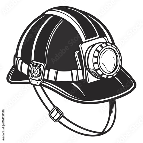 Black and white illustration of a miner s helmet with a headlamp