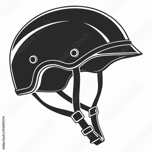 Stylized black helmet with straps and buckles