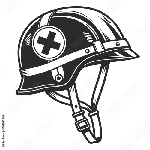 Vintage medical helmet with red cross symbol