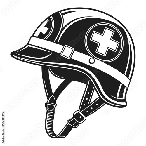 Black and white illustration of a medical helmet with a red cross symbol