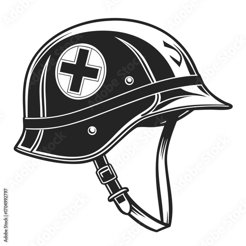 Vintage military medical helmet with red cross emblem