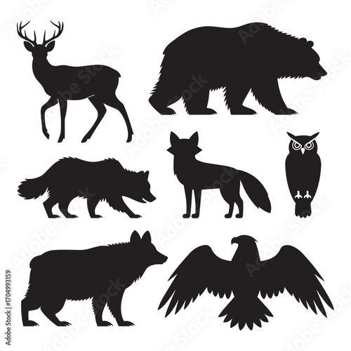 Capturing a collection of animal silhouettes, showcasing the stark contrast of black figures against a neutral background.