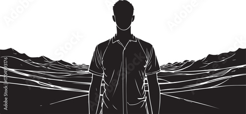 Silhouette Man Standing on Road with Mountains – Black and White Dramatic Illustration Art