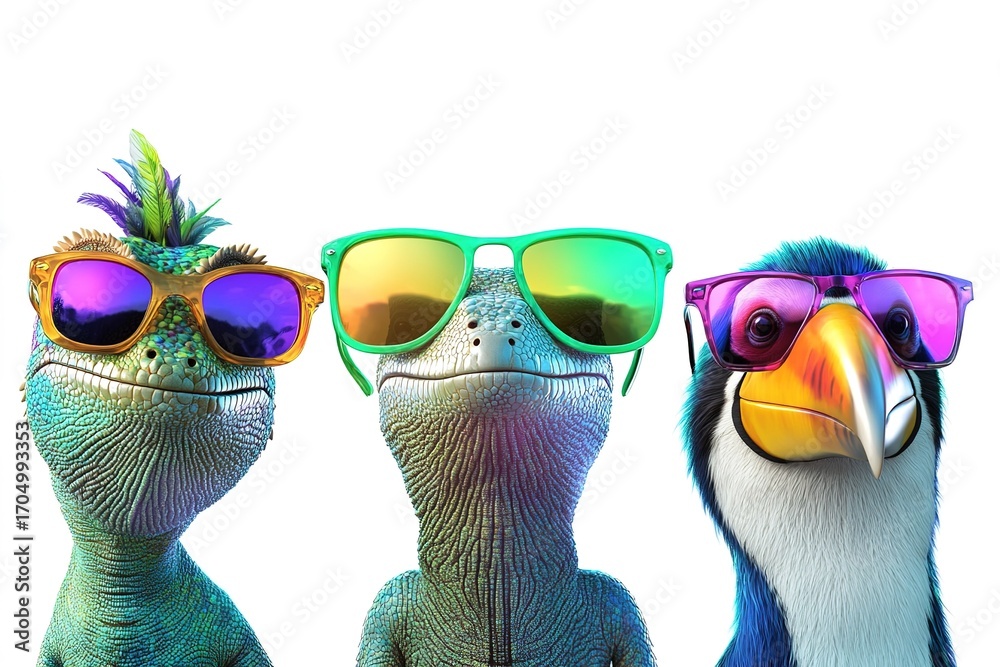 Fototapeta premium A digitally illustrated chameleon, sloth, and toucan, all with reflective neon sunglasses, positioned dynamically with rule of thirds, white background template with blank space for text