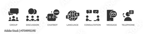 Collaborative Communication Icons set vector illustration glyph with Group, Discussion, Chatbot, Language, Consultation, Message, Telephone