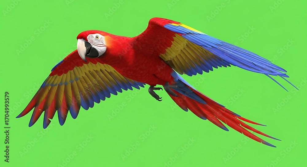 Fototapeta premium Colorful Macaw Parrot in Flight Against Green Background Detailed Image