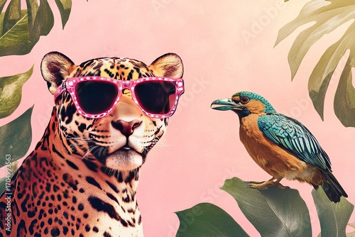 A funky digital artwork of a jaguar wearing retro 80s-style sunglasses, accompanied by a tropical bird with LED-lit glasses, positioned on the extreme right with empty space for overlay text