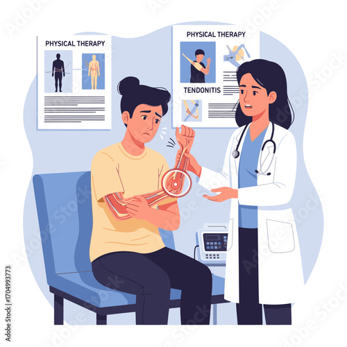 Doctor explaining elbow pain diagnosis and treatment plan to patient in clinic setting