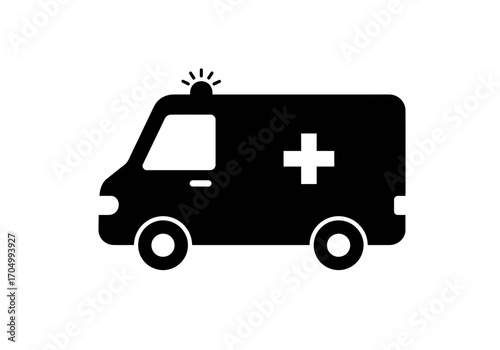 Black and white ambulance icon with a cross and a flashing light.
