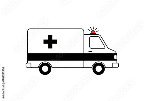 Ambulance with a red light and a cross on the side.