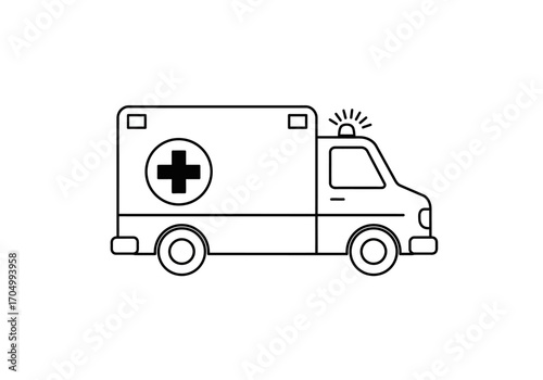Line drawing of an ambulance with a medical cross on the side.