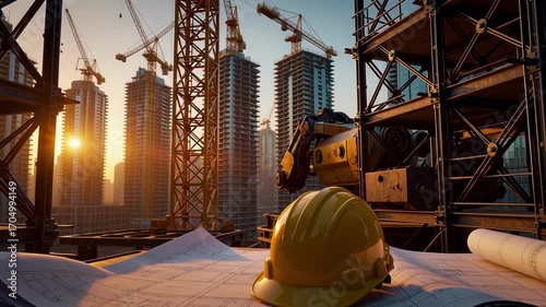 Construction site with safety helmet blueprints and cranes building modern skyscrapers
