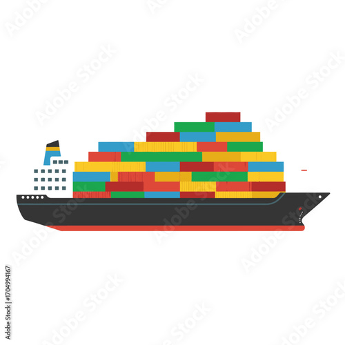 Illustration of a cargo ship loaded with colorful containers.