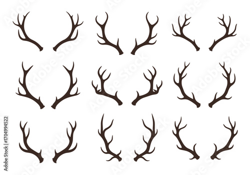 Set of decorative antlers with various styles and branching patterns for design elements